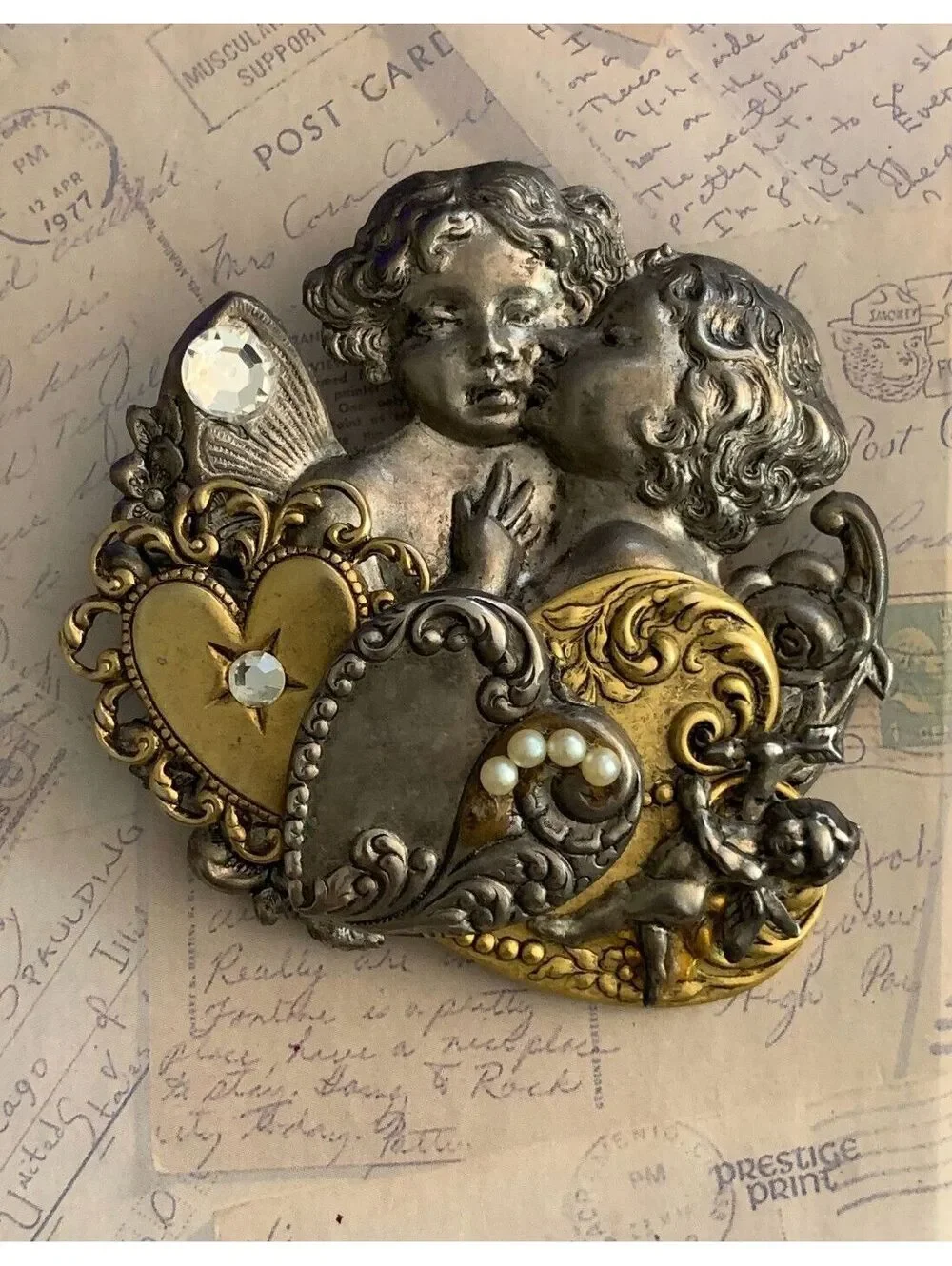 Vintage Cherub Hearts Rhinestone  Brooch Pin
